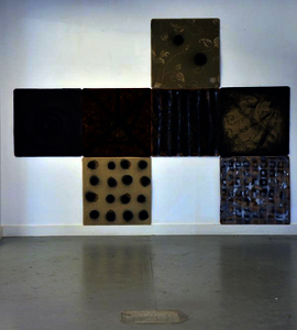 Ny Show #1 works by James Hutchinson carpet pixel modulation 1-4 and black space invader